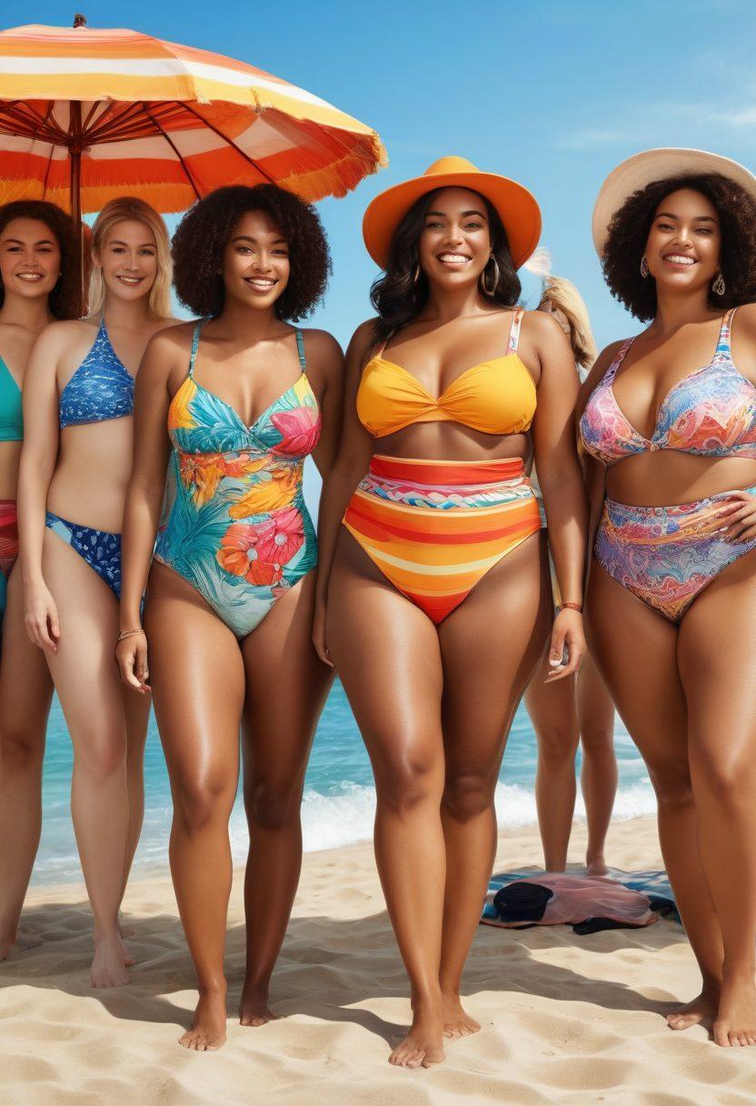 A diverse group of confident individuals showcasing a variety of flattering swimwear styles at a sun-soaked beach. The scene captures vibrant colors of swimsuits in different cuts and patterns, highlighting body positivity and inclusive fashion. The atmosphere radiates joy and celebration, with beach towels, umbrellas, and playful waves in the background. This image should convey warmth and diversity, inviting viewers to embrace their unique bodies. vibrant colors. super-realistic. sunny beach setting.